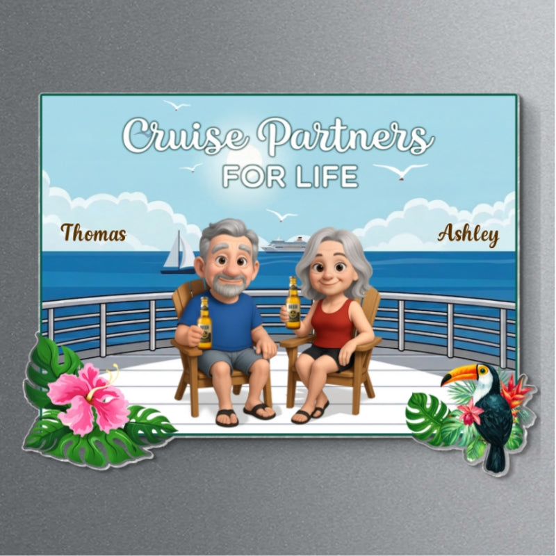 We're In Cruise Mode Old Cartoon Couple Sitting Cruise Deck - Personalized Cruise Cabin Door Magnet