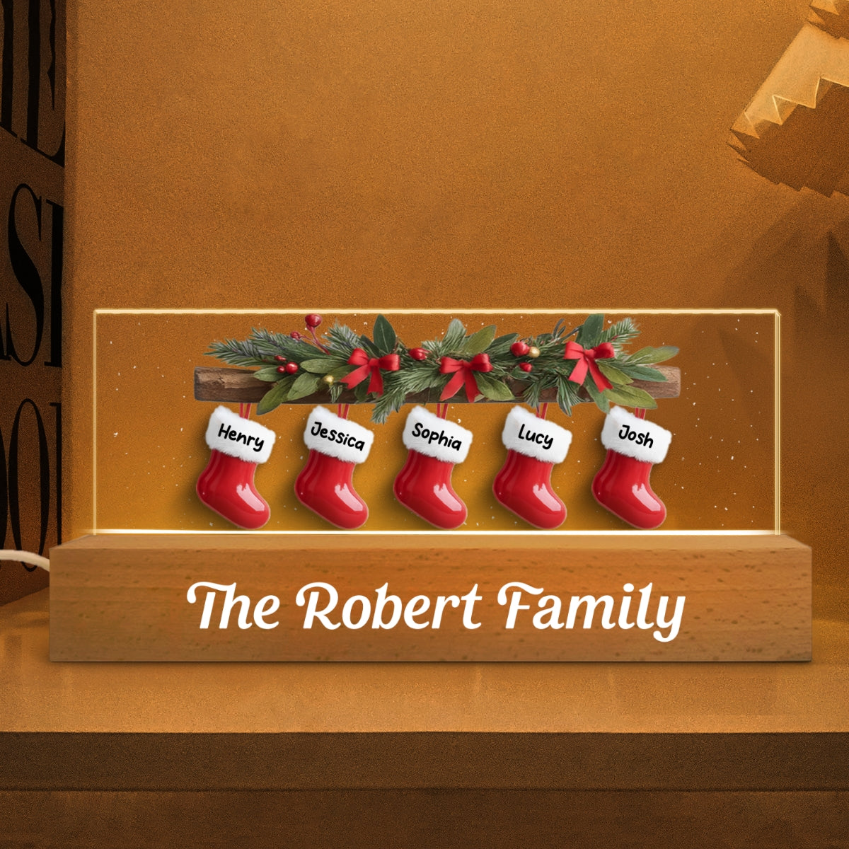 Family Christmas Stockings 3D Effect - Personalized Block LED Night Light - Christmas Decor For Family