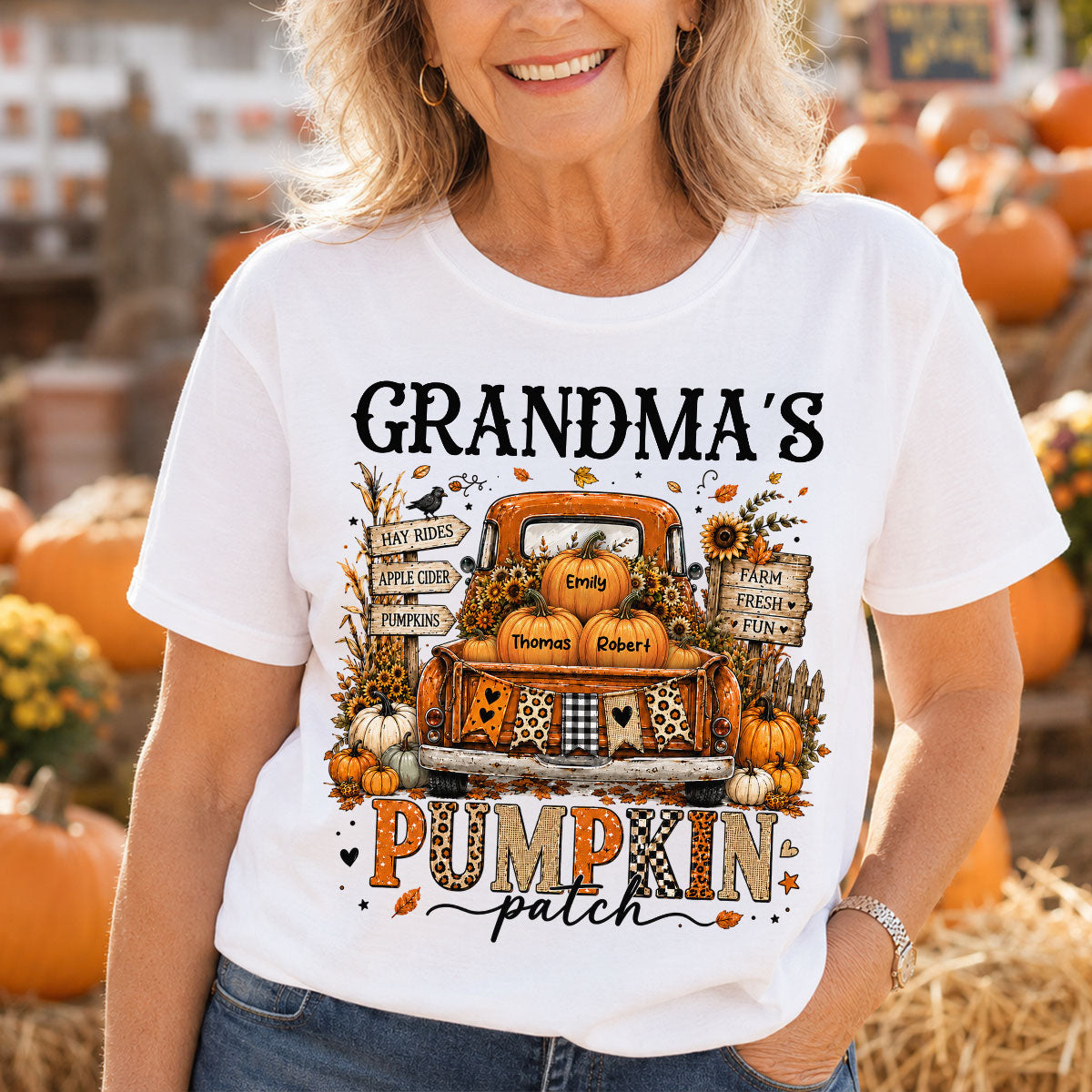 Fall Season Halloween Grandma Pumpkin Patch Truck - Personalized Shirt - Fall Halloween Shirt For Grandma