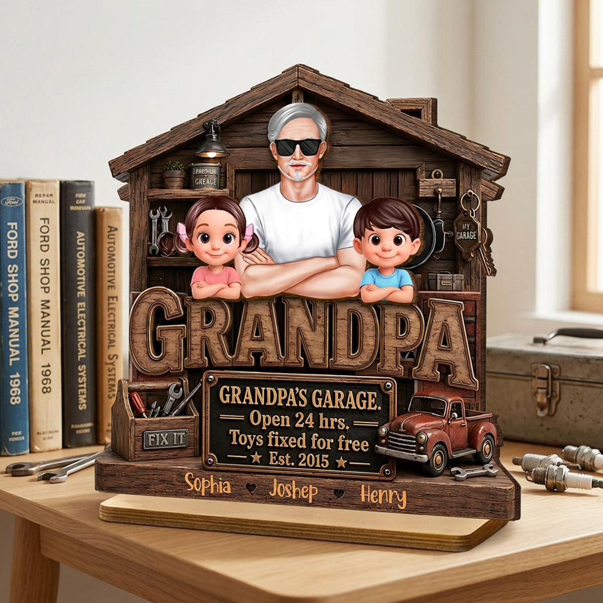 Grandpa's Garage - Personalized 2-Layered Wooden Plaque -  Gift for Dad, Grandpa, Husband