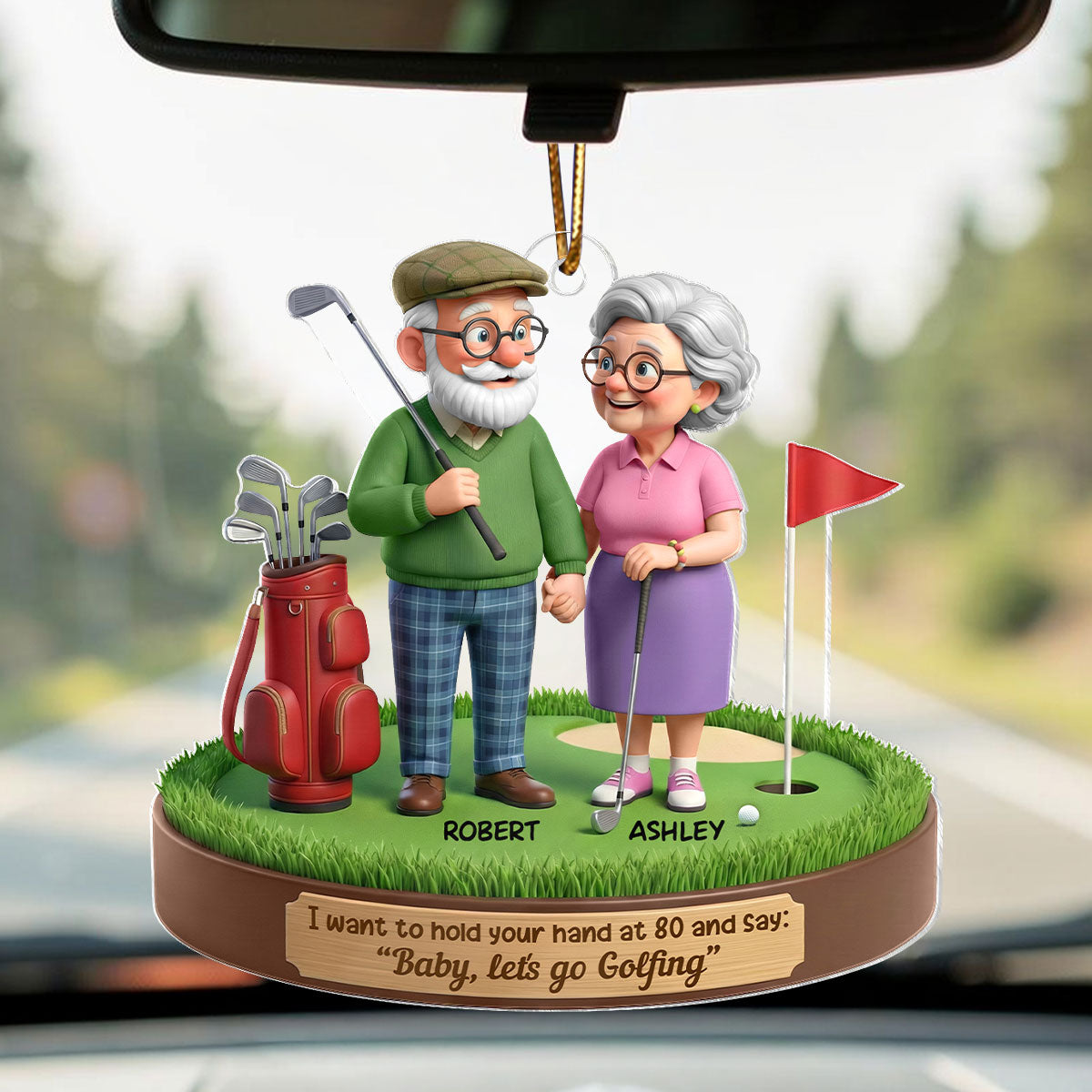 3D Effect Old Couple Baby Let's Go Golfing - Personalized Acrylic Car Hanger - Sentimental Gift for him, for her