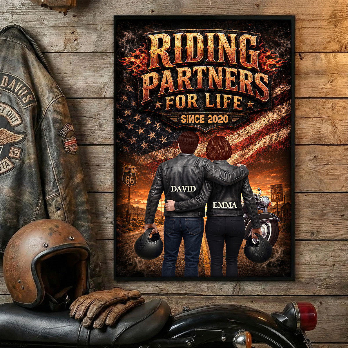 Bikers Couple Riding Partners for Life Nation Flag - Personalized Poster - Heartfelt Gift for Him, for Her