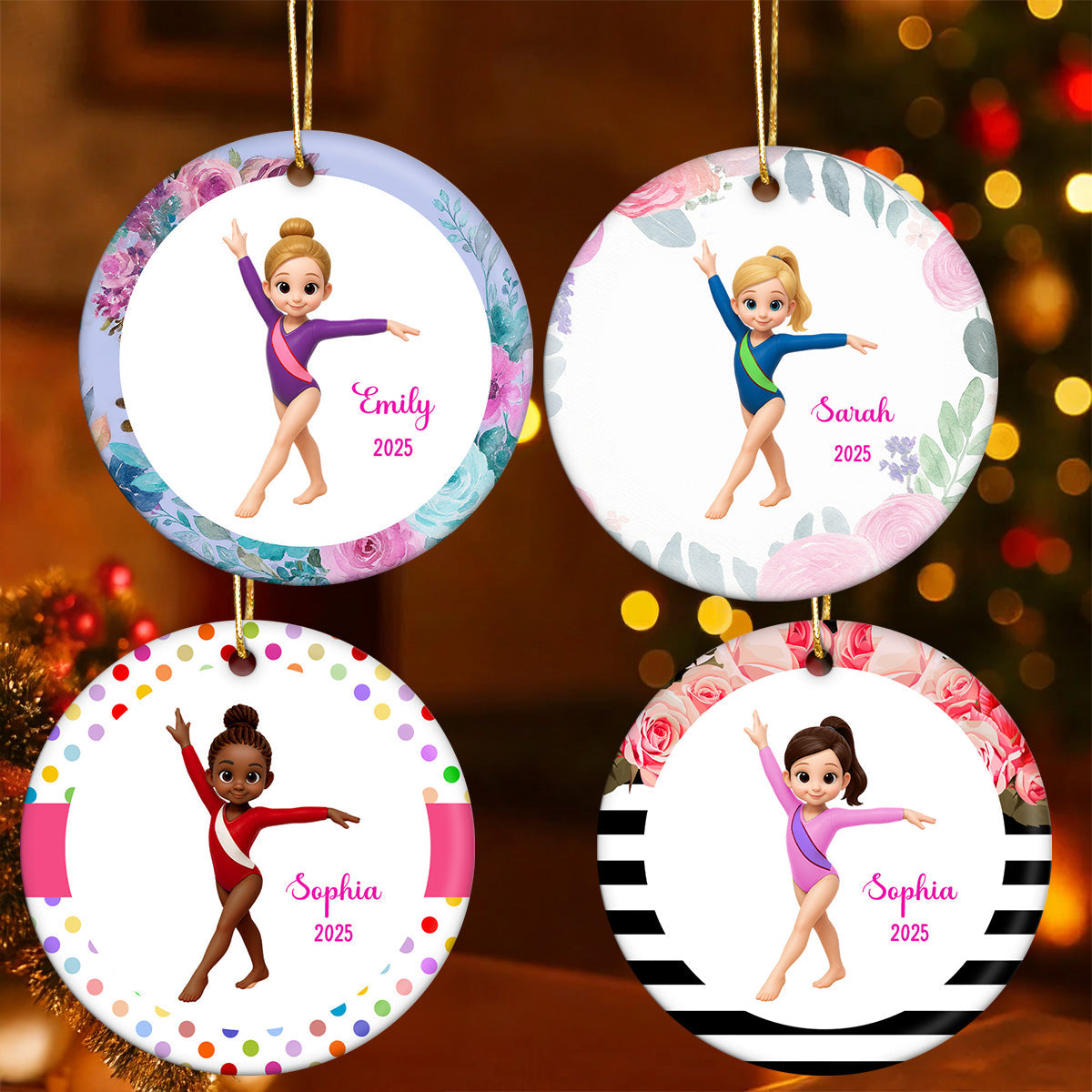 Floral Frame Gymnastic Girl - Personalized Ceramic Ornament - Gymnast Gift For Daughter, Granddaughter