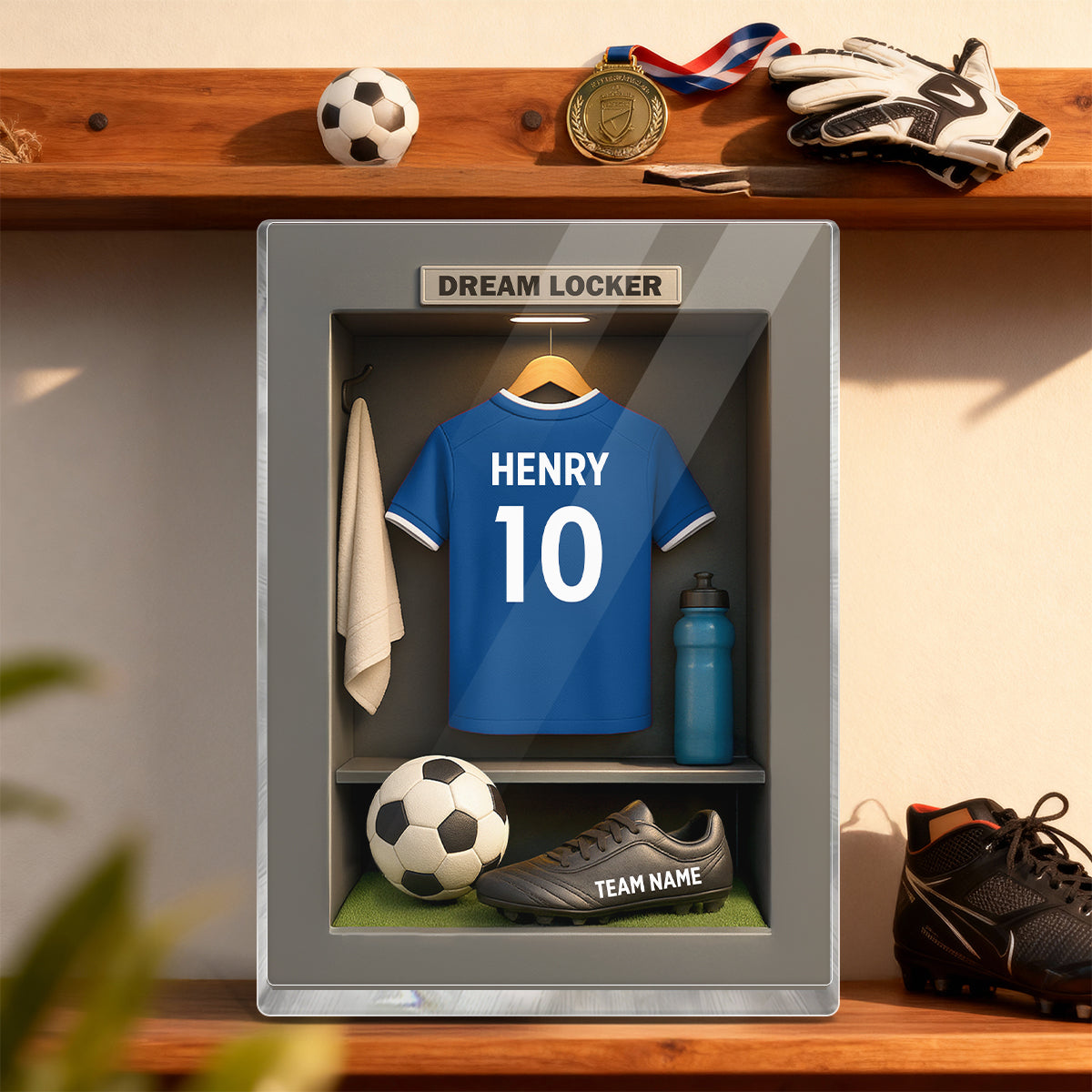 Soccer Jersey Dream Locker - Personalized Acrylic Block Plaque - Christmas Gift for Sons, Grandsons, Boyfriends