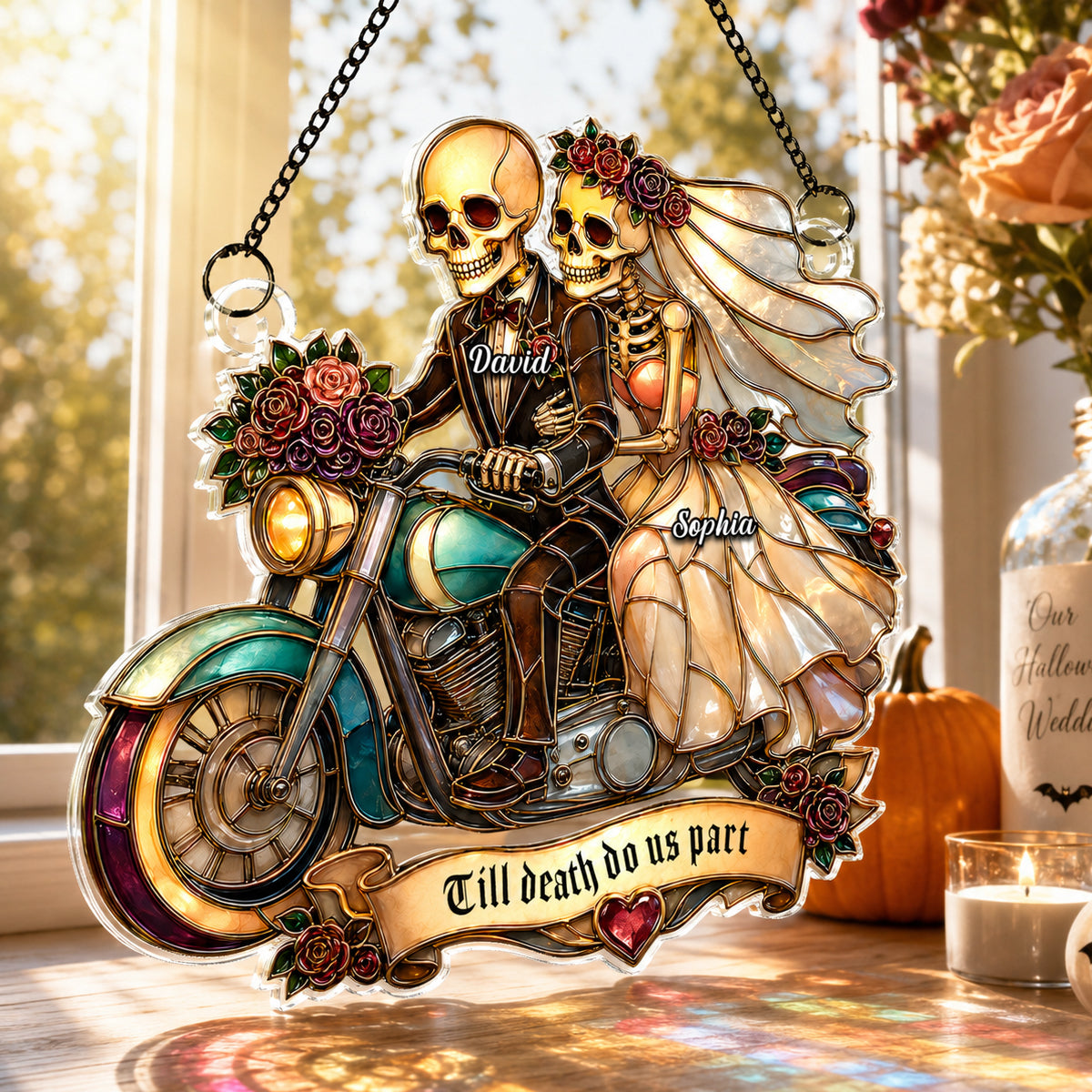 Just Married Skeleton Couple Halloween - Personalized Acrylic Window Hanging - Halloween Decor Gift, Gift For Couple