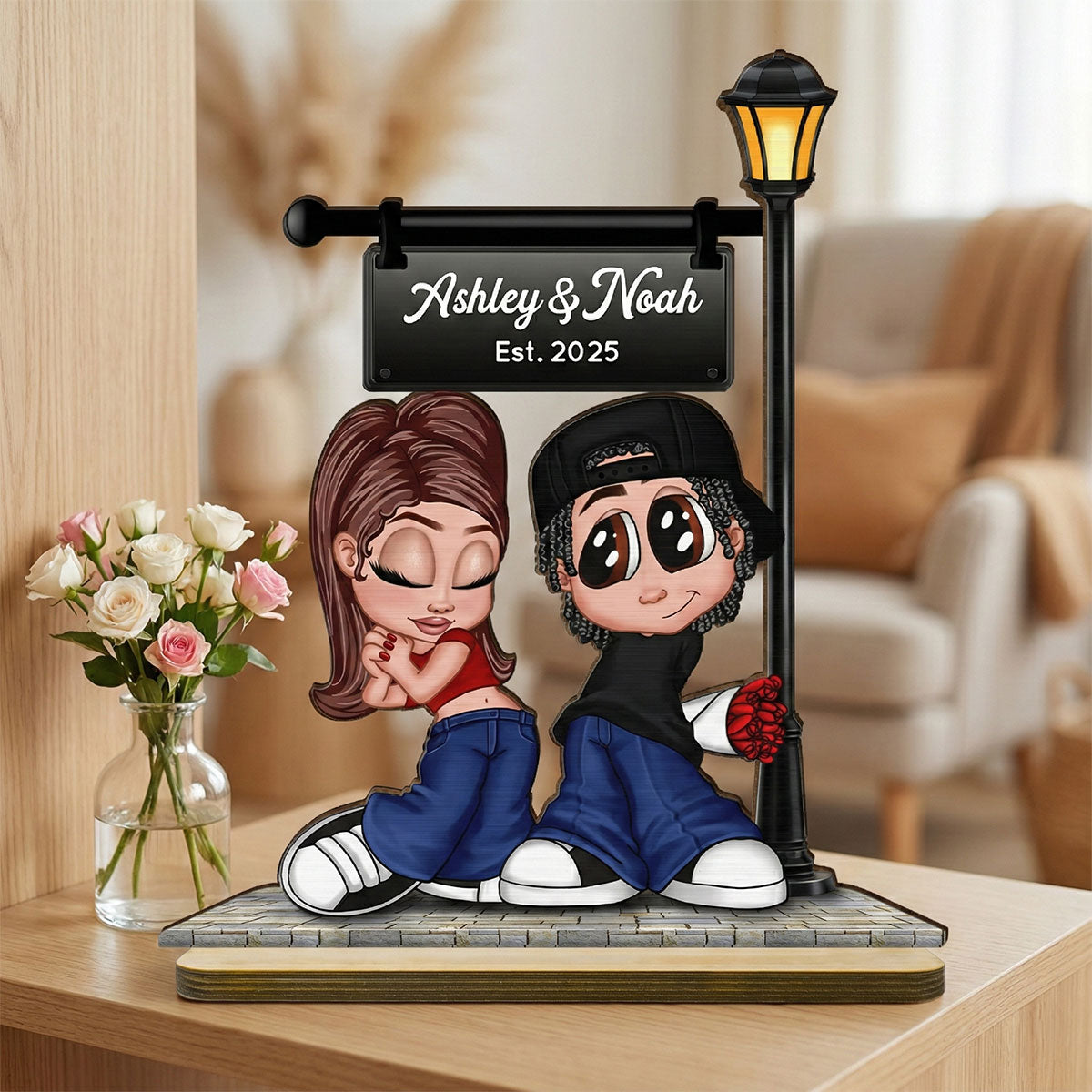 Eternal Love Y2K Couple Under Street Lamp Post - Personalized 2-Layer Wooden Plaque - Gift For Couple, Gift For Him, For Her