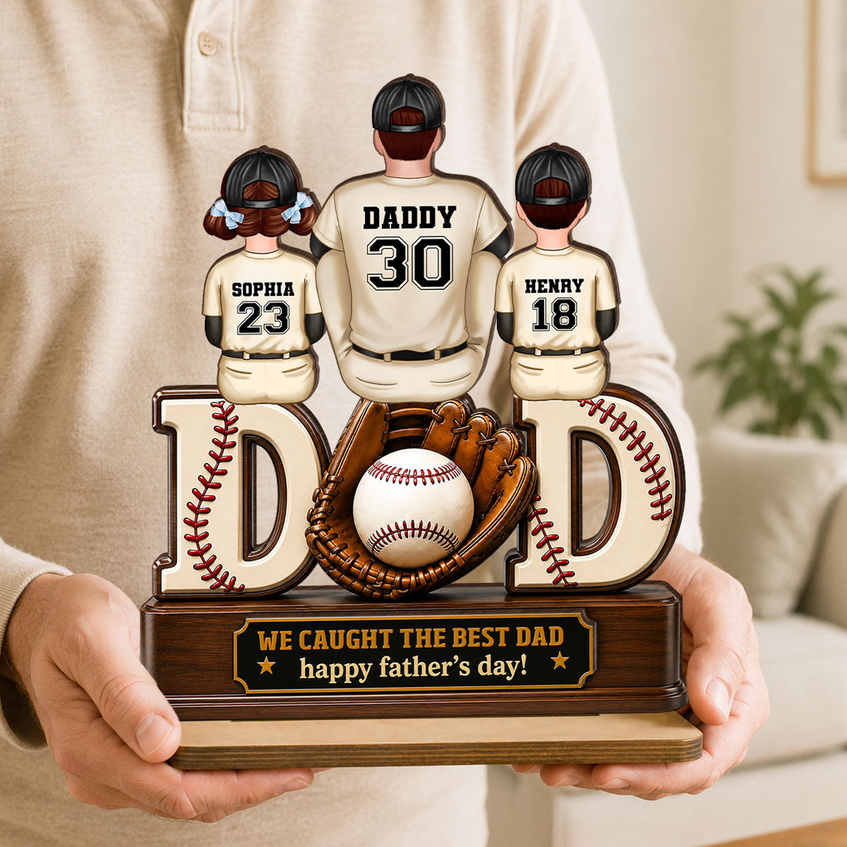 Dad And Children Baseball Gloves - Personalized 2-Layered Wooden Plaque -  Gift for Dad, Husband