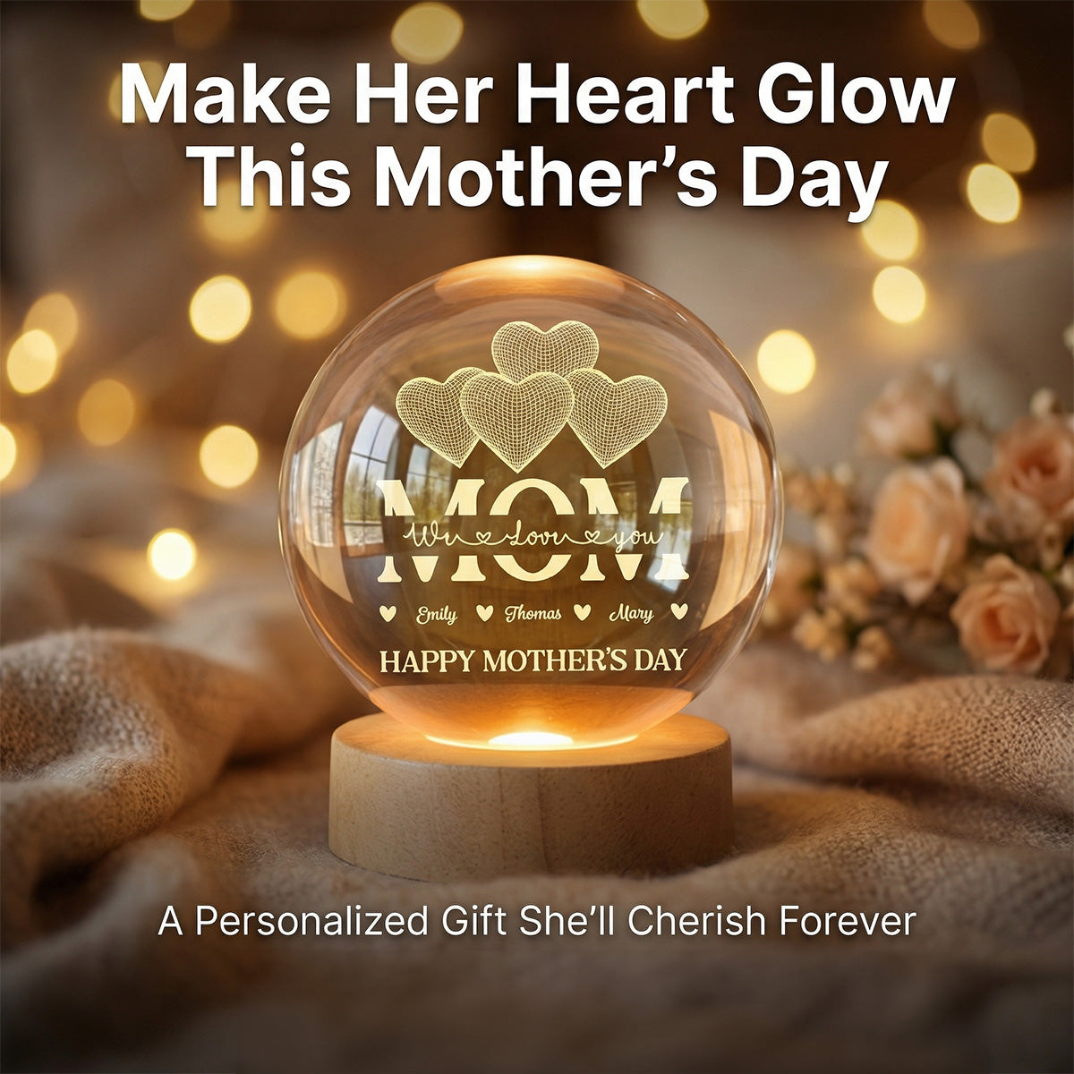 MOM Heart Love - Personalized Crystal Ball LED Night Light - Mother's Day Gift For Mom