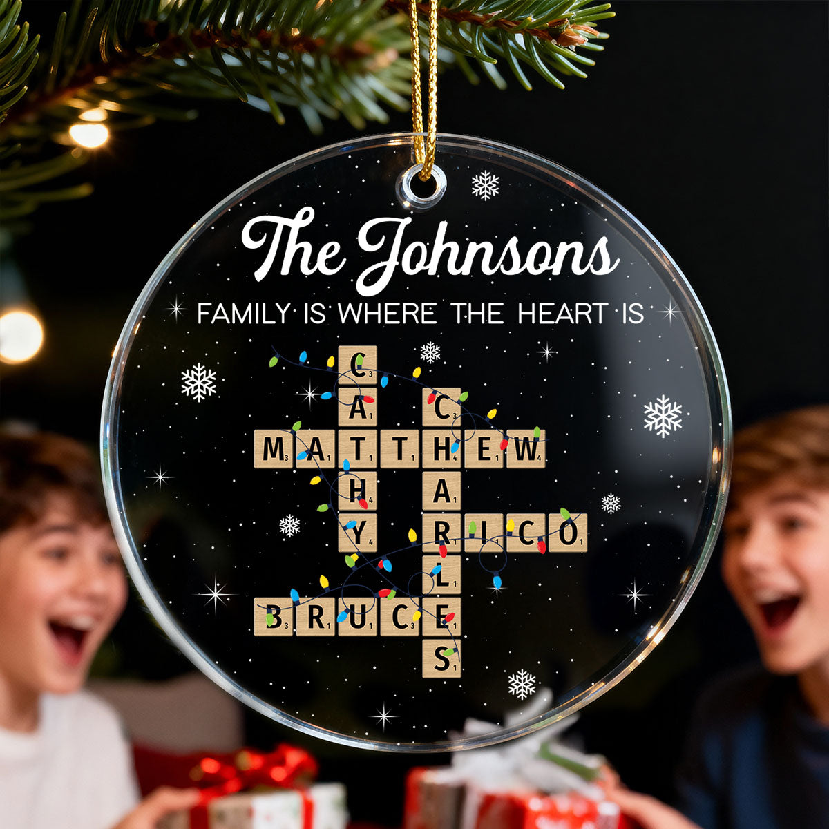 Holiday Festive Family Crossword Puzzle Art - Personalized Acrylic Ornament