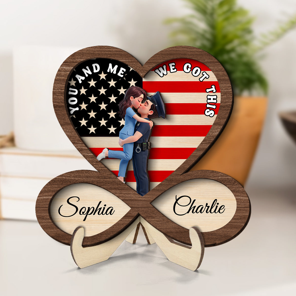 Proud Hero Couple Infinity Nation Flag Heart - Personalized 2-Layered Wooden Plaque - Valentine's Day Gift For Couple, For Him, For Her, Nurse, Police, Firefighter, Army