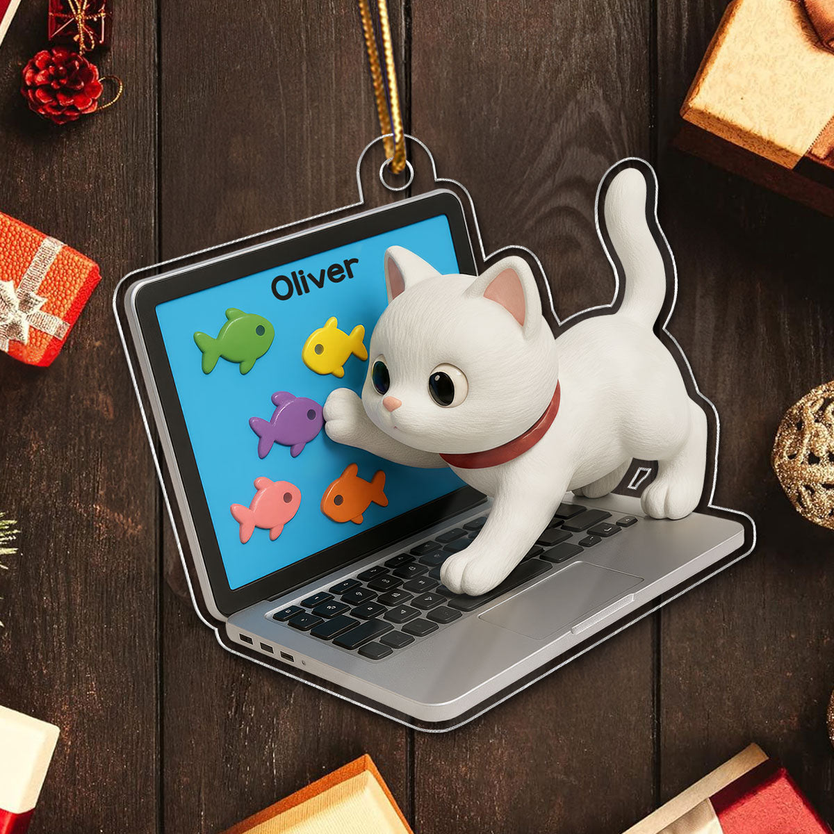 3D Effect Mischievous Kitten On Laptop - Personalized Acrylic Ornament - Gift For Cat Lovers