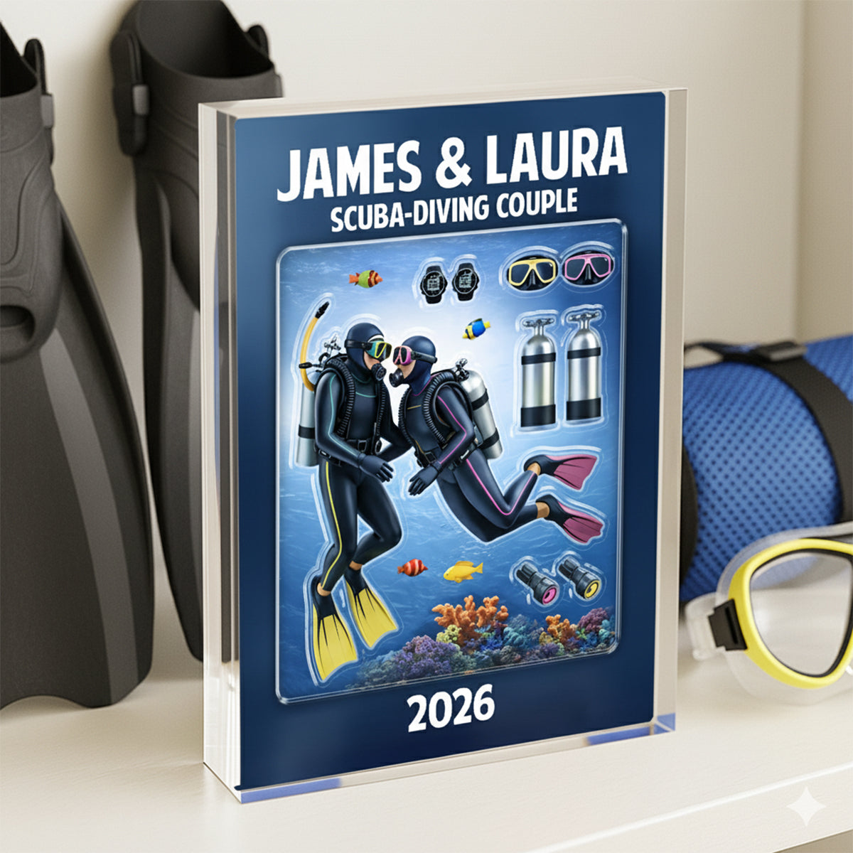 Scuba-Diving Couple Ocean Lover - Personalized Acrylic Block Plaque - Anniversary, Valentine's Day Gift, Gift For Him, Gift For Her
