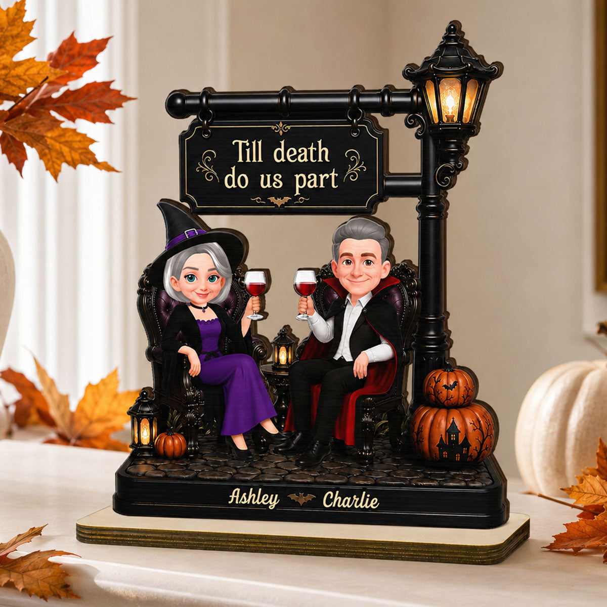 Classic Halloween Couple Under Lamp Post - Personalized 2-Layered Wooden Plaque - Halloween Decoration For Couple