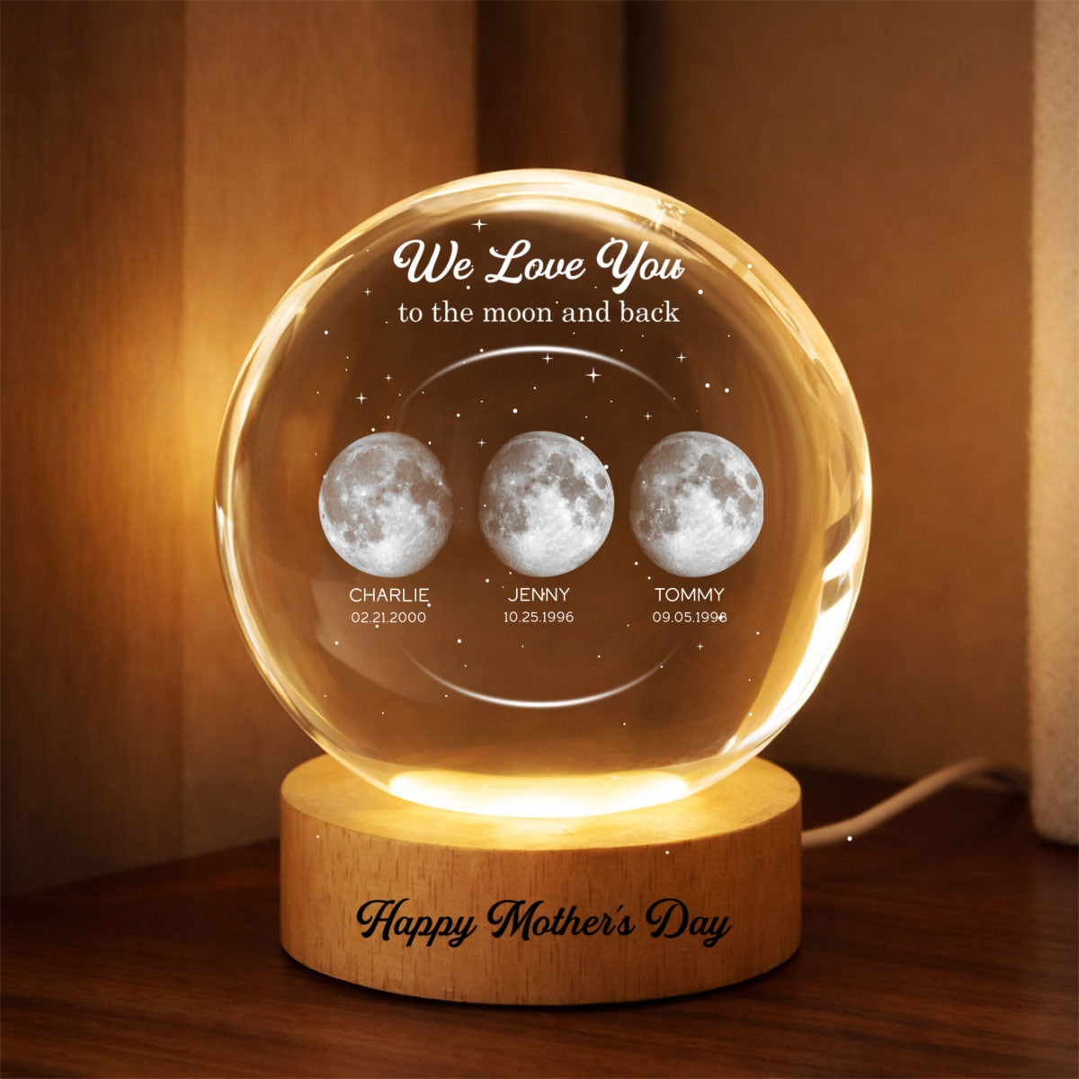 Love to the Moon and Back, Custom Moon Phase by Date - Personalized Crystal Ball LED Night Light - Mother's Day Gift for Mom, Wife