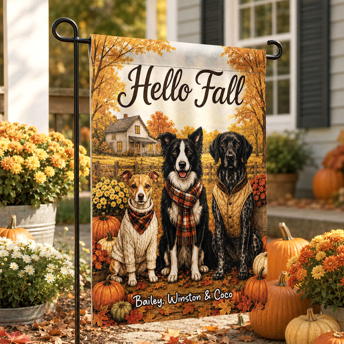 Vintage Dog Cat Hello Fall Photo Upload - Personalized Garden Flag - Fall Season Gift For Dog Mom, Cat Mom