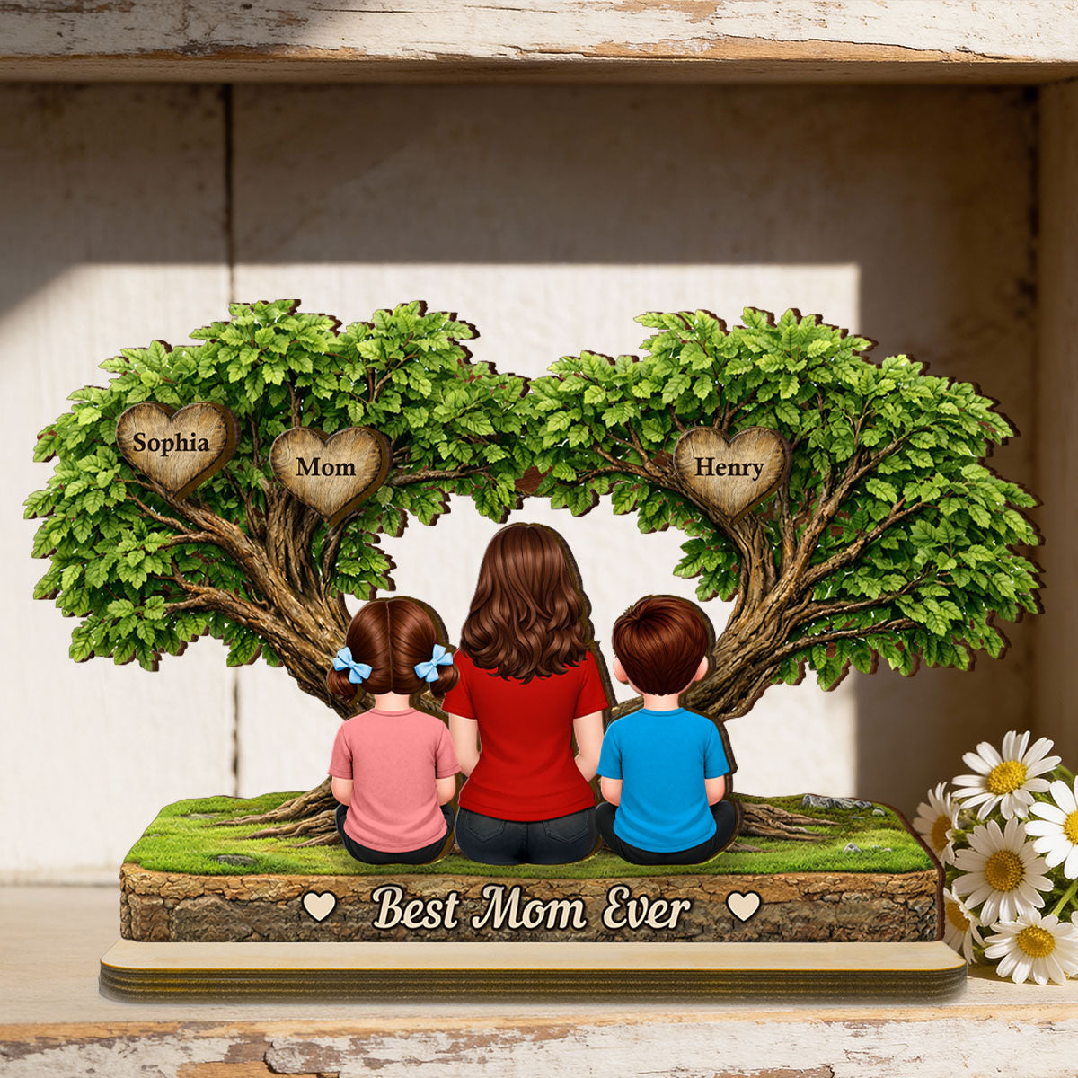 Best Mom Ever Heart Tree - Personalized 2-Layered Wooden Plaque - Heartfelt Gift For Mom, Grandma