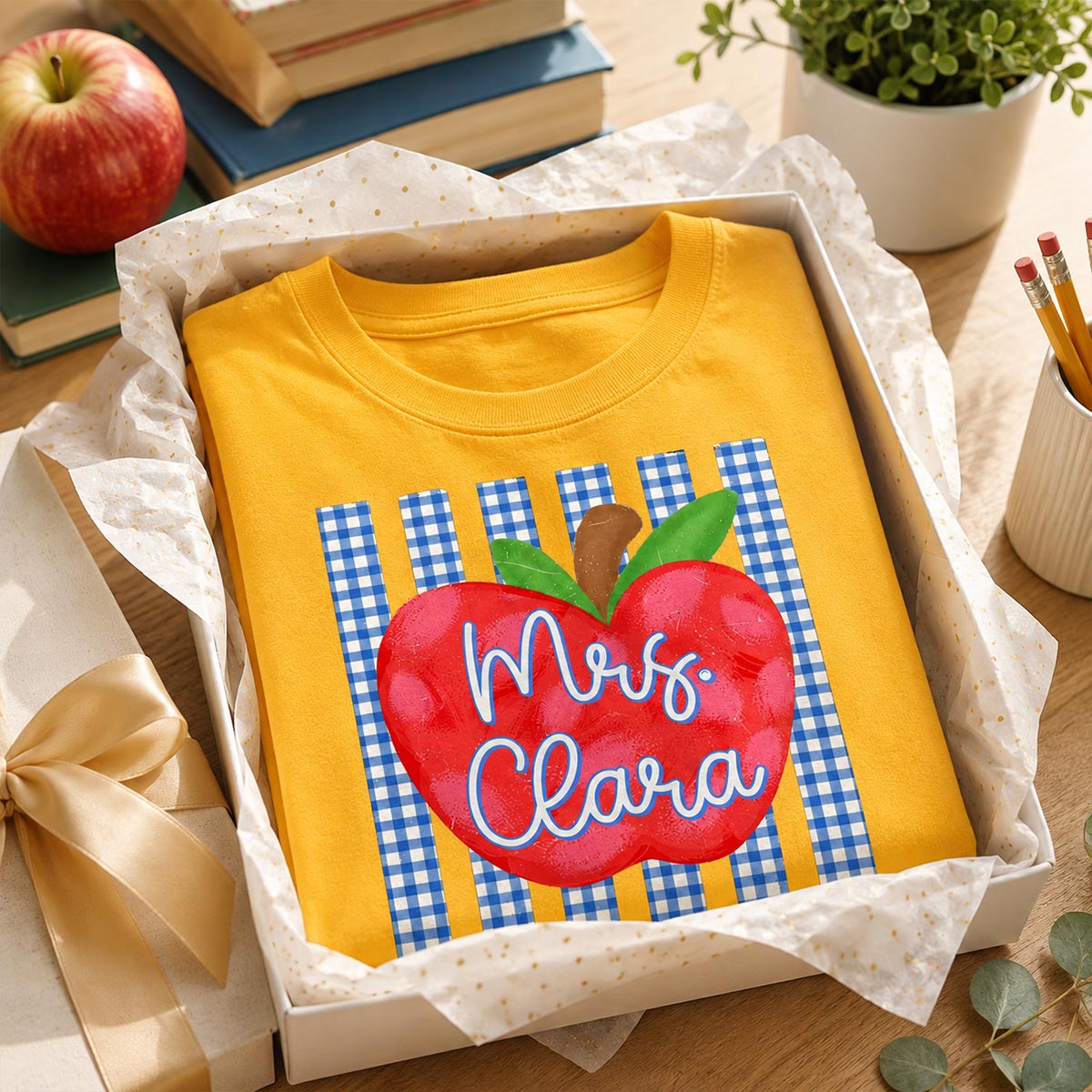 Striped Teacher Apple Custom Name - Personalized Shirt - Back To School Gift for Teachers