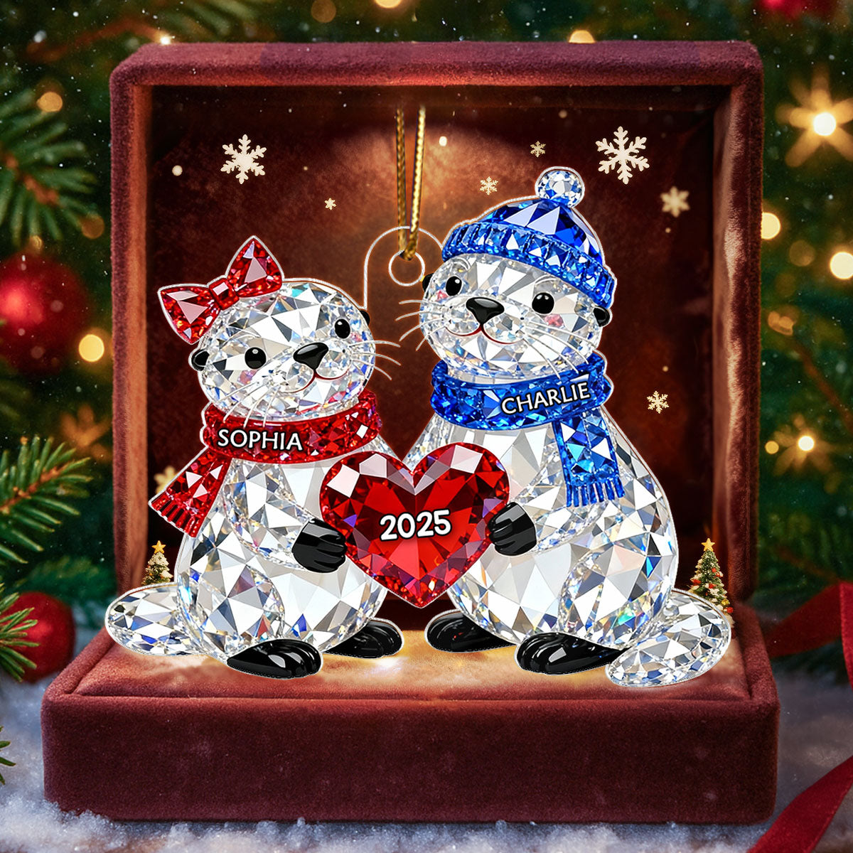 3D Crystal Effect Christmas Otter Couple - Personalized Acrylic Ornament - Heartwarming Christmas Gift for Couple