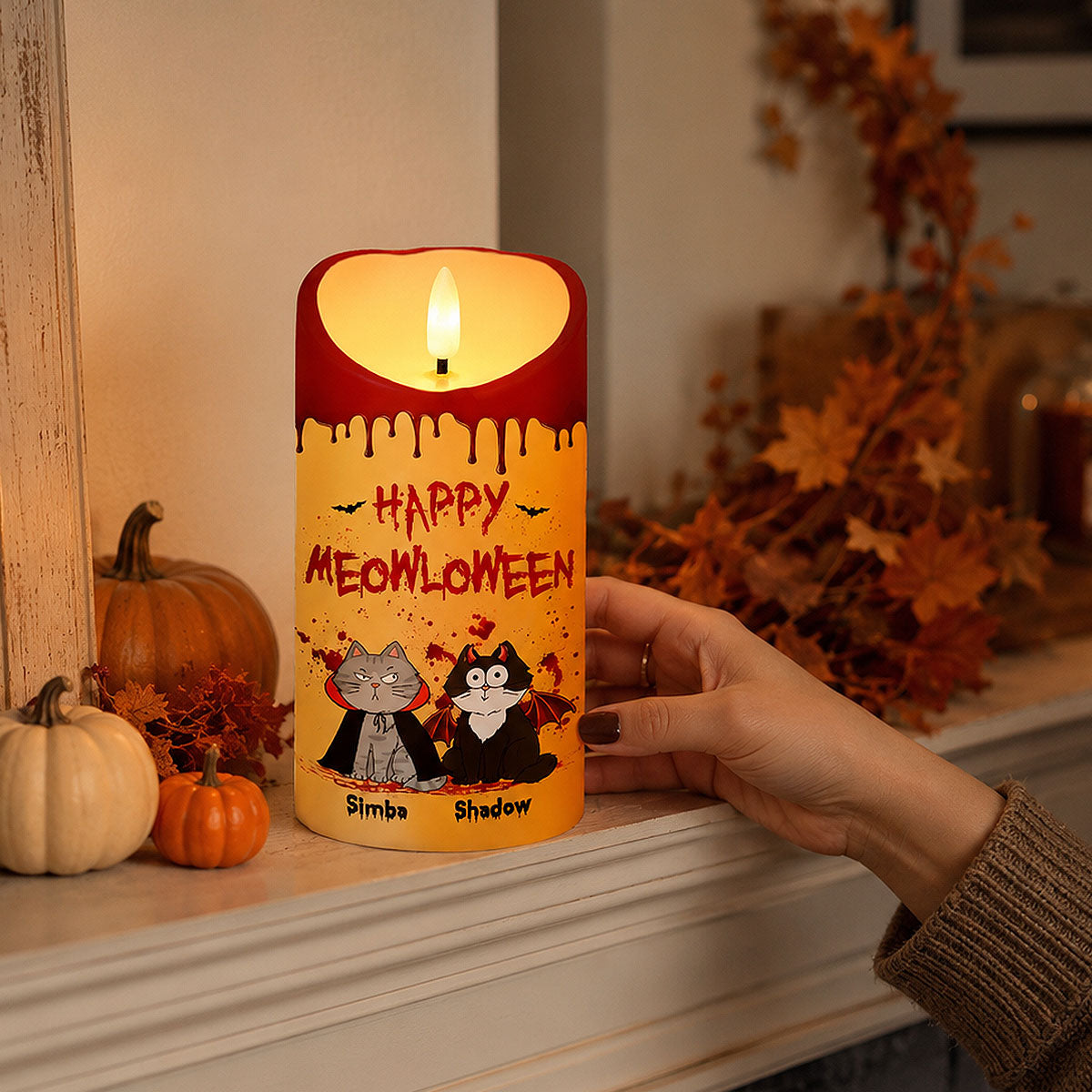 Cat Mom Happy Meowloween Blood Drip - Personalized LED Candle - Purrfect Halloween Decor for Cat Lover