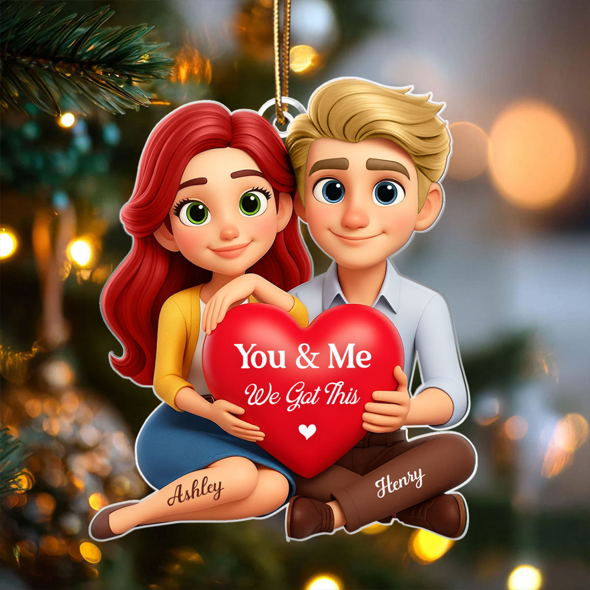 Eternal Love Cartoon Couple Sitting - Personalized Acrylic Ornament - Sentimental Gift for him, for her