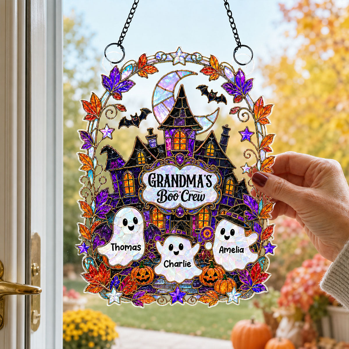 Whimsical Grandma's Boo Crew Haunted House - Personalized Acrylic Window Hanging - Halloween Decoration For Grandma