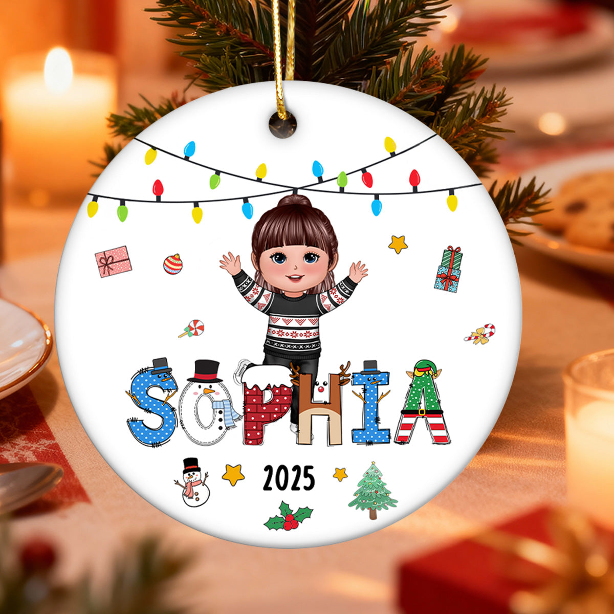 Christmas Theme Cute Doll Kid Name - Personalized Ceramic Ornament - Gift For Grandchildren, Boy, Girl