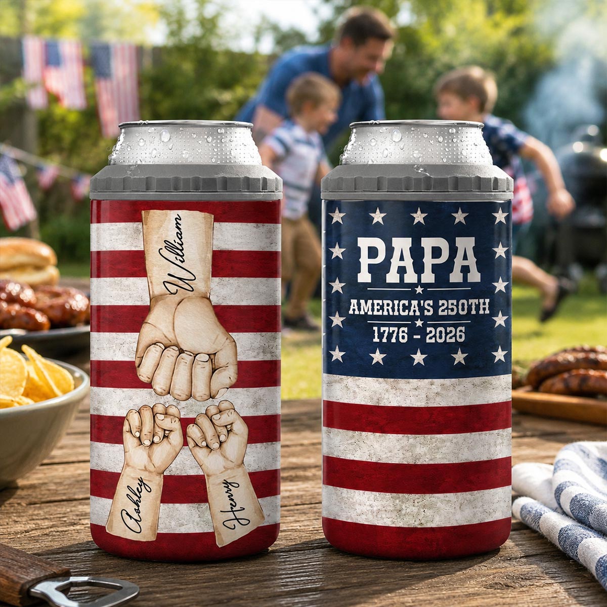 Proud American Dad Grandpa & Kids Fist Bumps - Personalized 4-in-1 Can Cooler - 4th Of July, American 250th Anniversary Gift For Patriotic Dad, Grandpa
