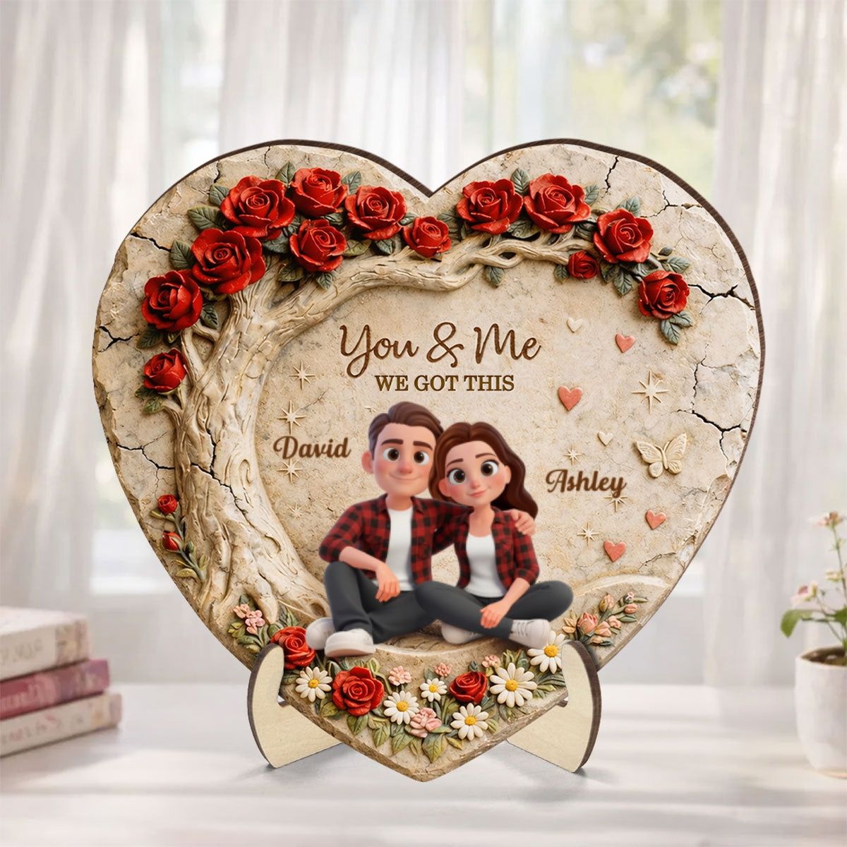Couple Stone Romantic Heart Rose - Personalized 2-Layered Wooden Plaque - Anniversary, Valentine's Day Gift, Gift For Him, Gift For Her