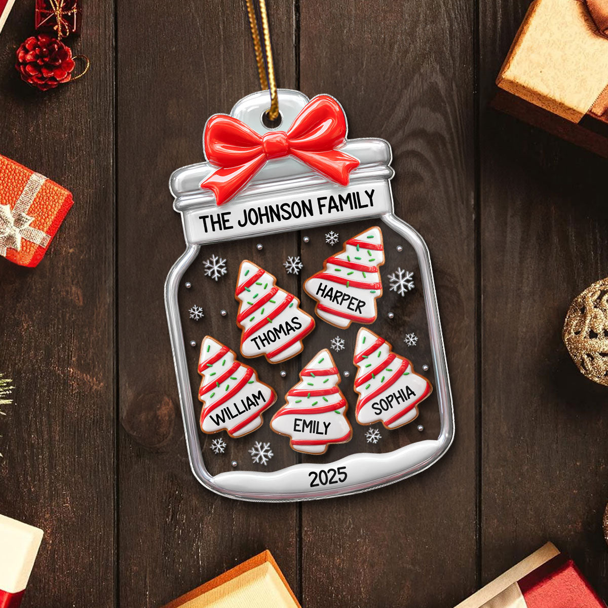 3D Effect Family Christmas Tree Gingerbread In Jar - Personalized Acrylic Ornament