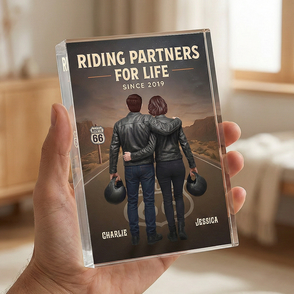 Eternal Love Back View Biker Couple Riding Partners For Life - Personalized Acrylic Block Plaque - Gift For Couple, Bikers, Gift For Him, For Her