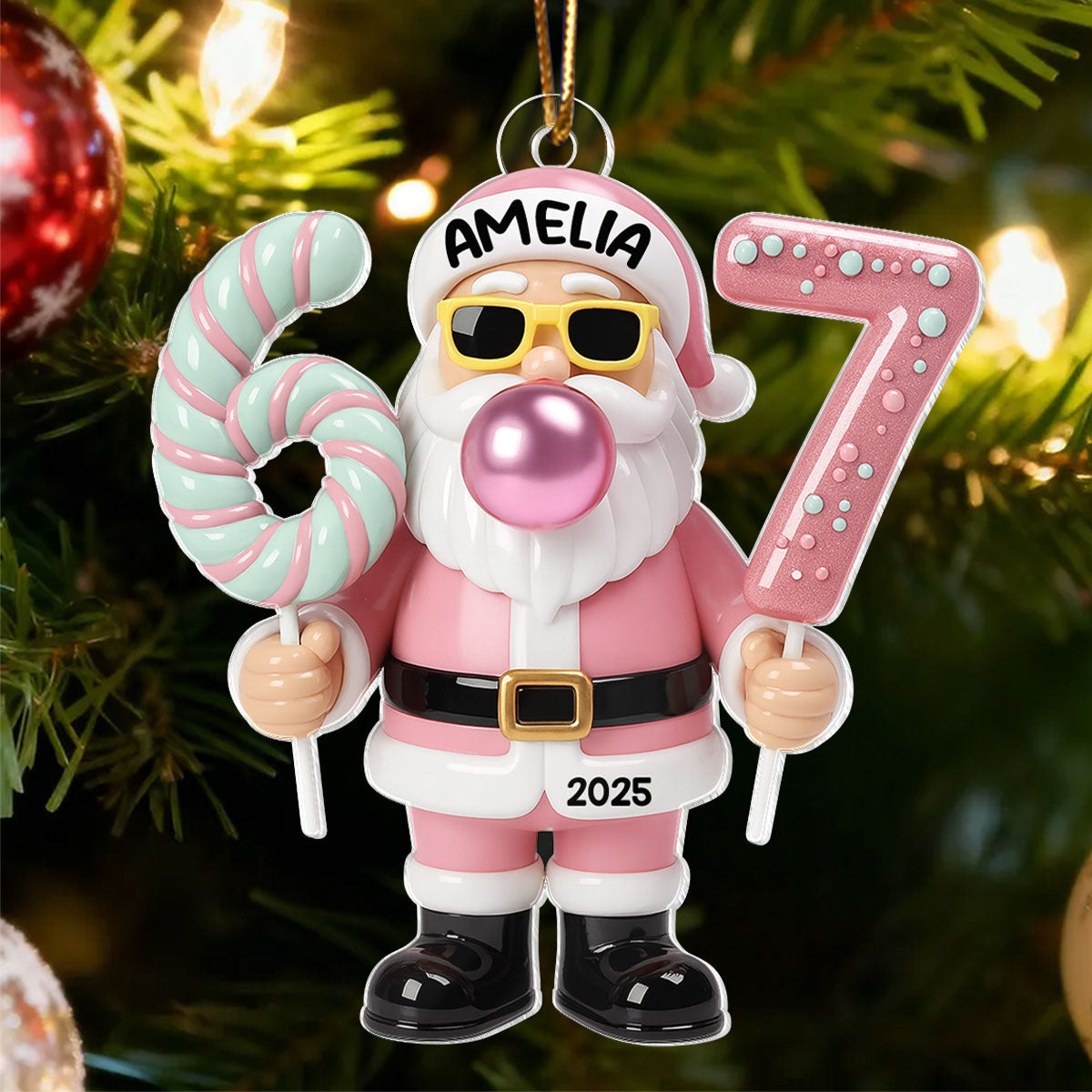 Pink Santa Six Seven - Personalized Acrylic Ornament - Christmas Gift for Kid, Grandkids