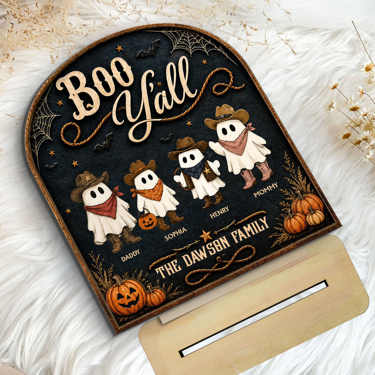 Boo Y'all Cowboy Ghost Family 2D Flat - Personalized 2-Layered Wooden Plaque - Western Country Vibe Halloween Decor