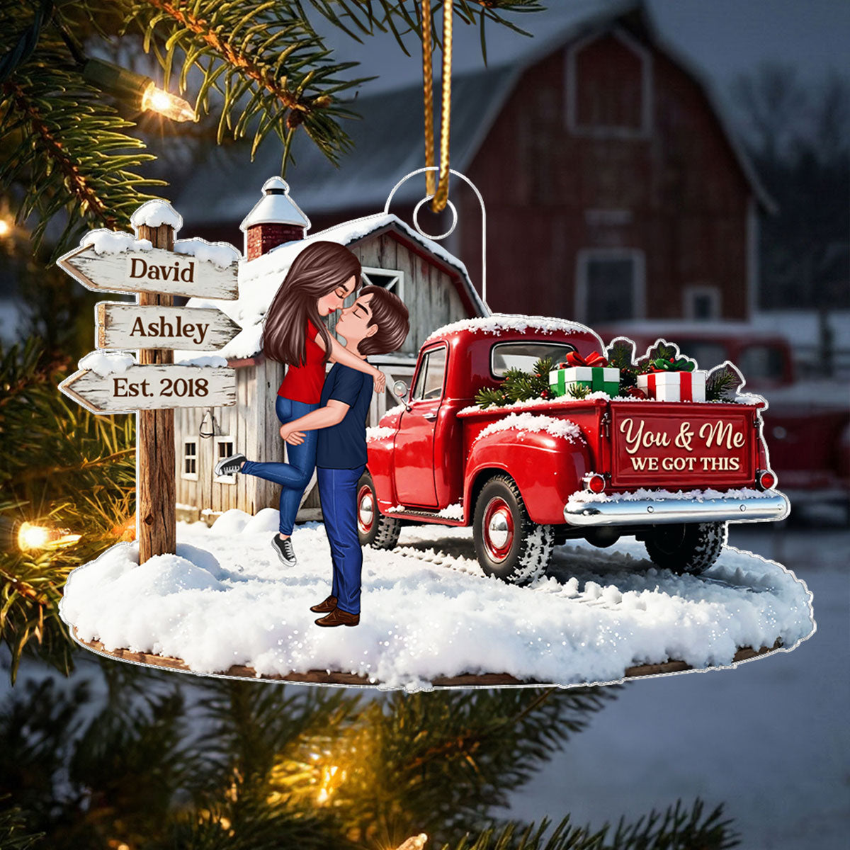 Christmas Truck Barn House Couple Sign Post - Personalized Acrylic Ornament - Christmas Gift For Her, For Him, For Couple