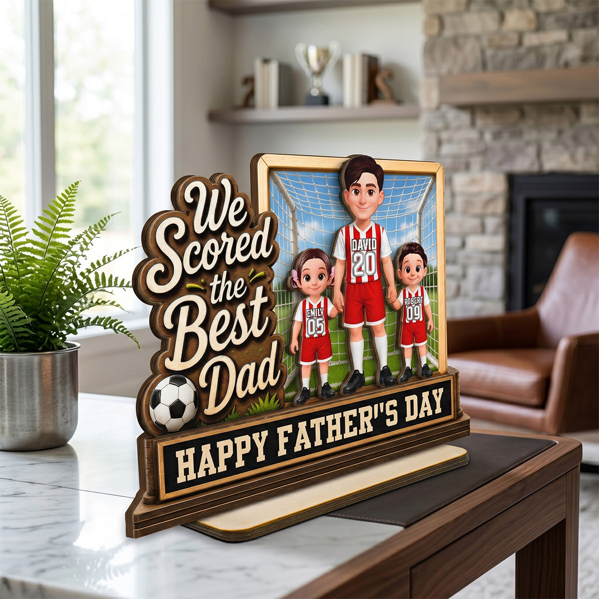 We Scored The Best Dad Dad & Kids In Goal 2D Flat - Personalized 2-Layered Wooden Plaque -  Gift For Soccer Dad, UK Football Dad