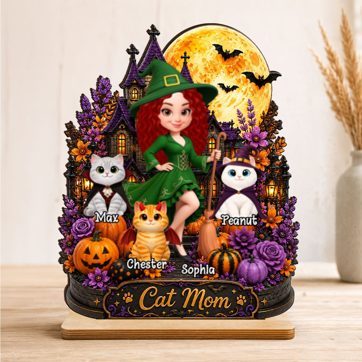 Cat Mom Witch Haunted House Moon - Personalized 2-Layered Wooden Plaque - Halloween Decor Gift, Gift For Cat Lovers