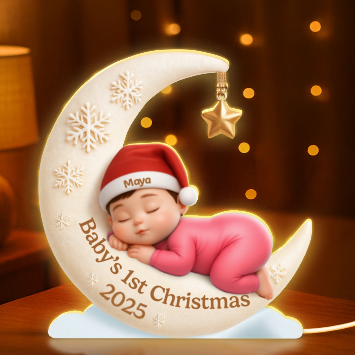 Baby Sleeping on Moon Nursery Lamp - Personalized Light Box - Baby's First Christmas Keepsake, Gift for Grandkids, Baby, Newborn