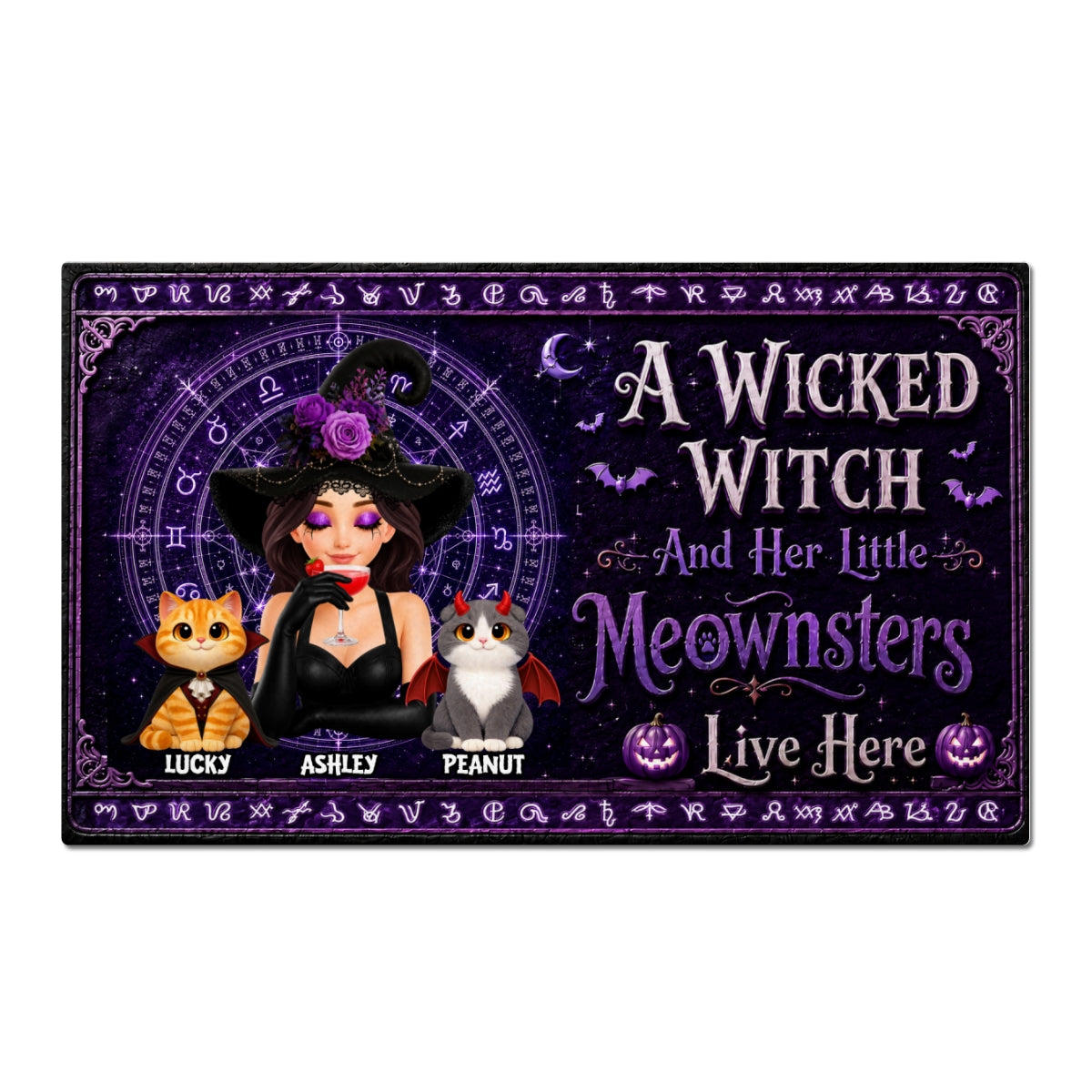 A Wicked Witch And Her Little Meownsters Live Here - Personalized Doormat - Halloween Decor Gift, Gift For Cat Lovers