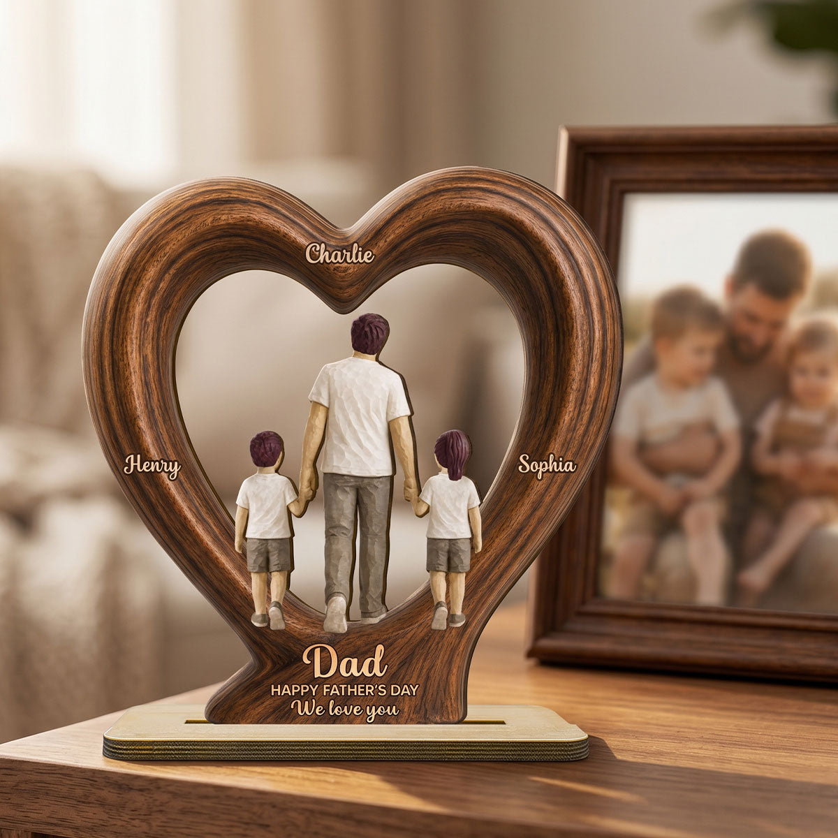 Sentimental Rustic Dad And Kids Walking In Heart 2D Flat - Personalized 2-Layered Wooden Plaque -  Gift For Dad, Husband