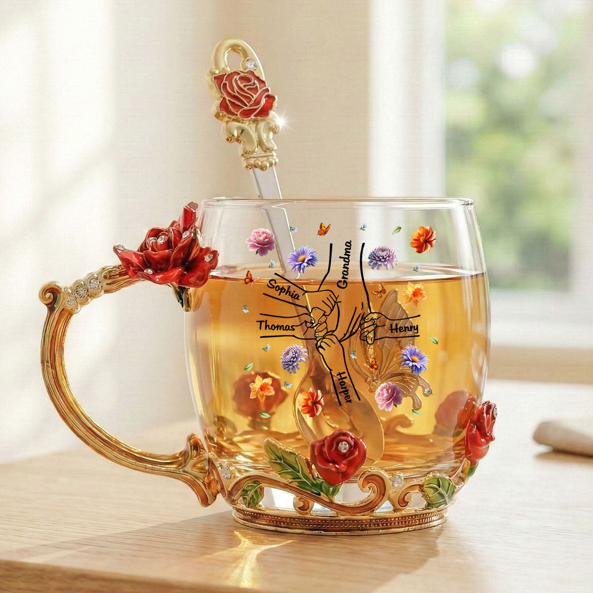 Grandma Mom Holding Kids Hands Birth Month Flowers - Personalized Enamel Flower Tea Cup - Gift For Grandma, Mom
