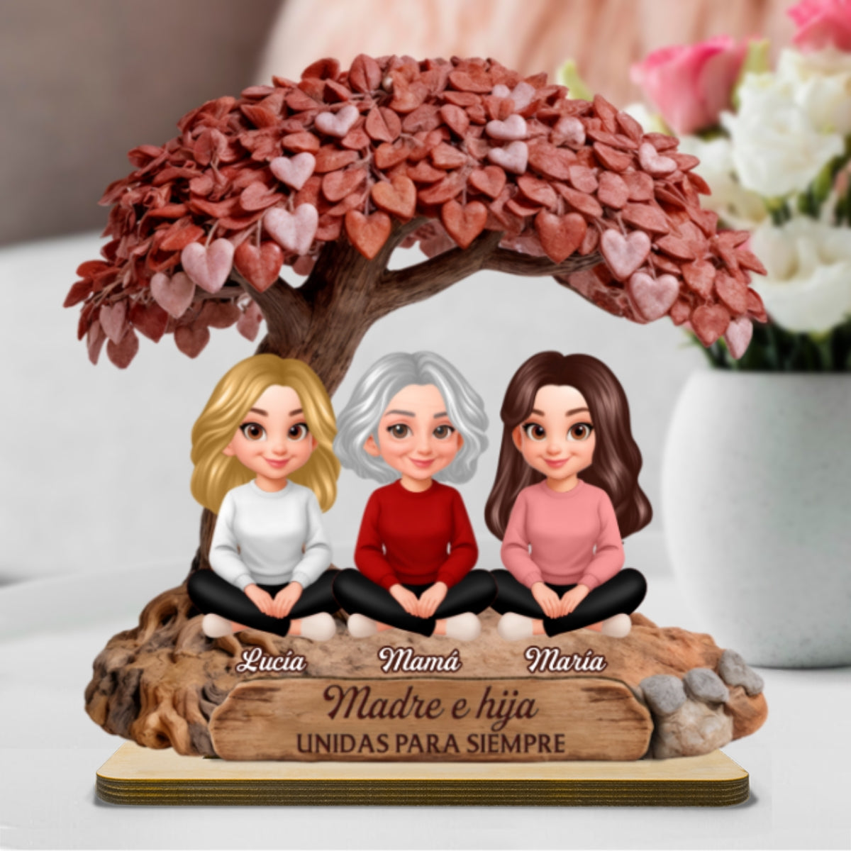 Mamá y Hija Hijo Bajo el Árbol del Corazón - Placa de Madera Personalizada de 2 Capas - Regalo para Mamá