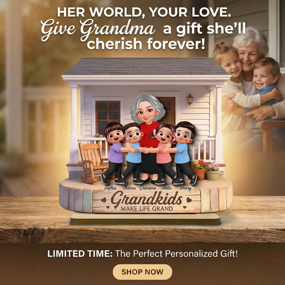 Grandma And Grandkids Happy Together At Front Porch - Personalized 2-Layered Wooden Plaque - Gift For Grandma