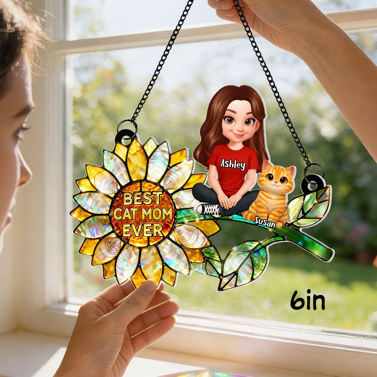 Sunflower Cat Mom and Cats Sitting - Personalized Window Hanging Suncatcher - Mother's Day Gift for Mom, Wife