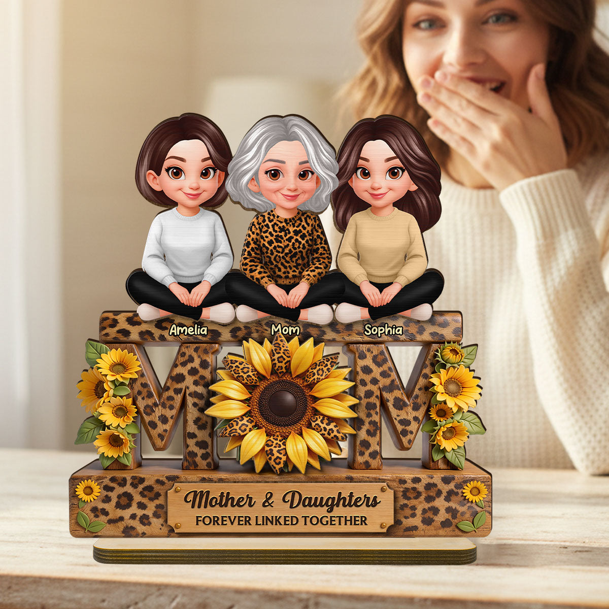 Beautiful Leopard Sunflower You Are My Sunshine MOM And Daughters Sons - Personalized 2-Layered Wooden Plaque - Gift For Mom