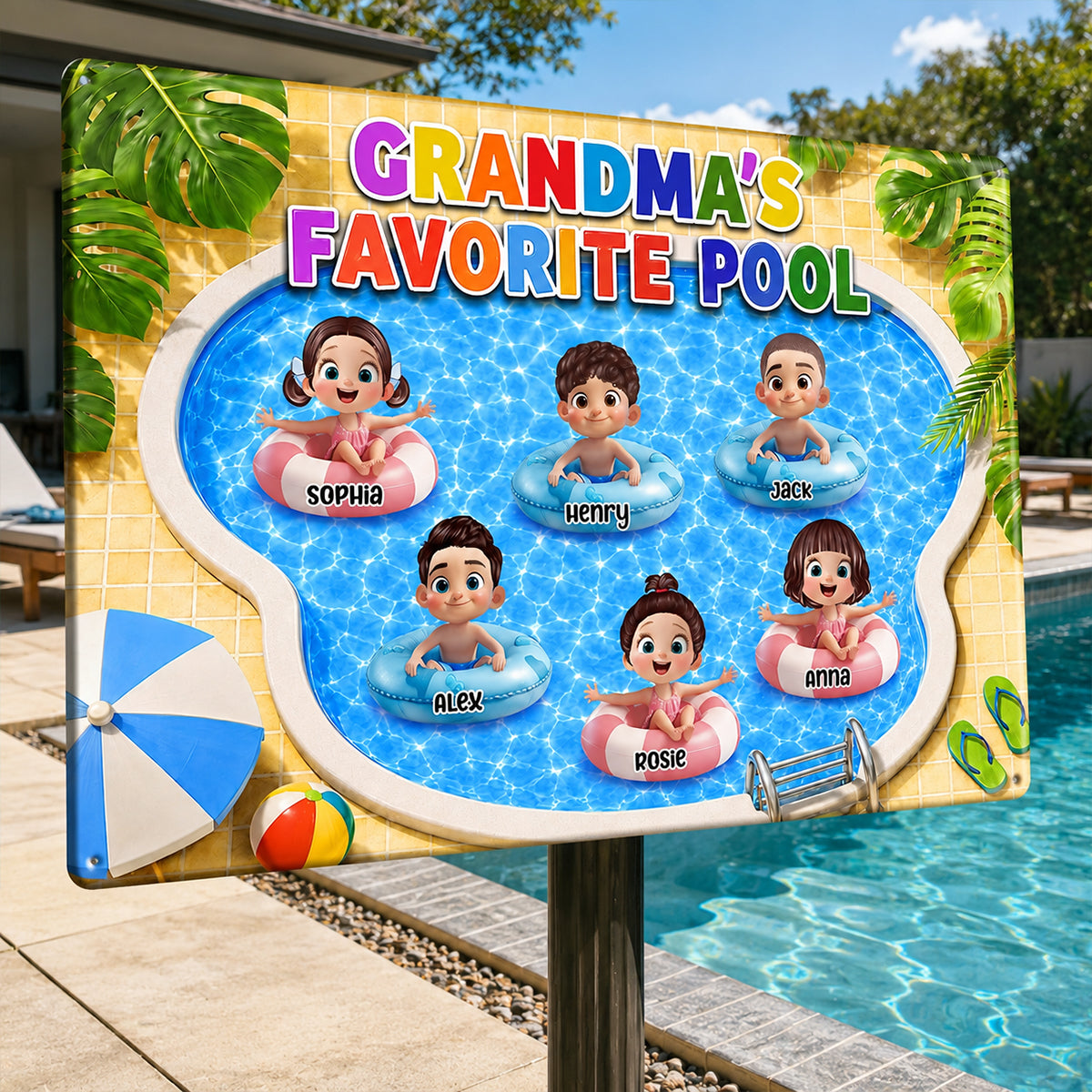 Grandma's Favorite Pool - Personalized Metal Sign - Summer Decor Gift for Grandma, Mom, Wife