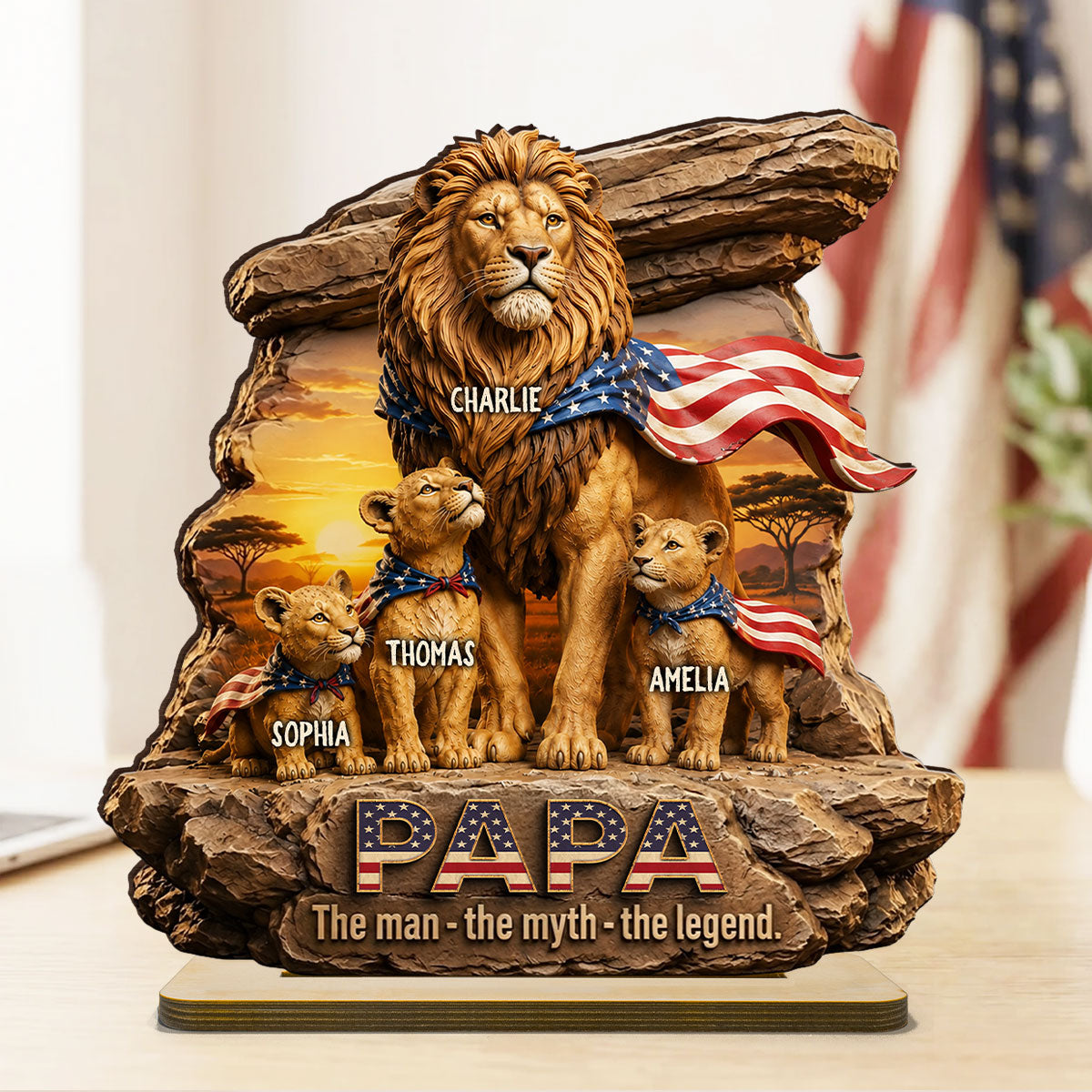 Lion Dad Papa the Legend - Personalized 2-Layered Wooden Plaque -  Gift for Dad, Husband