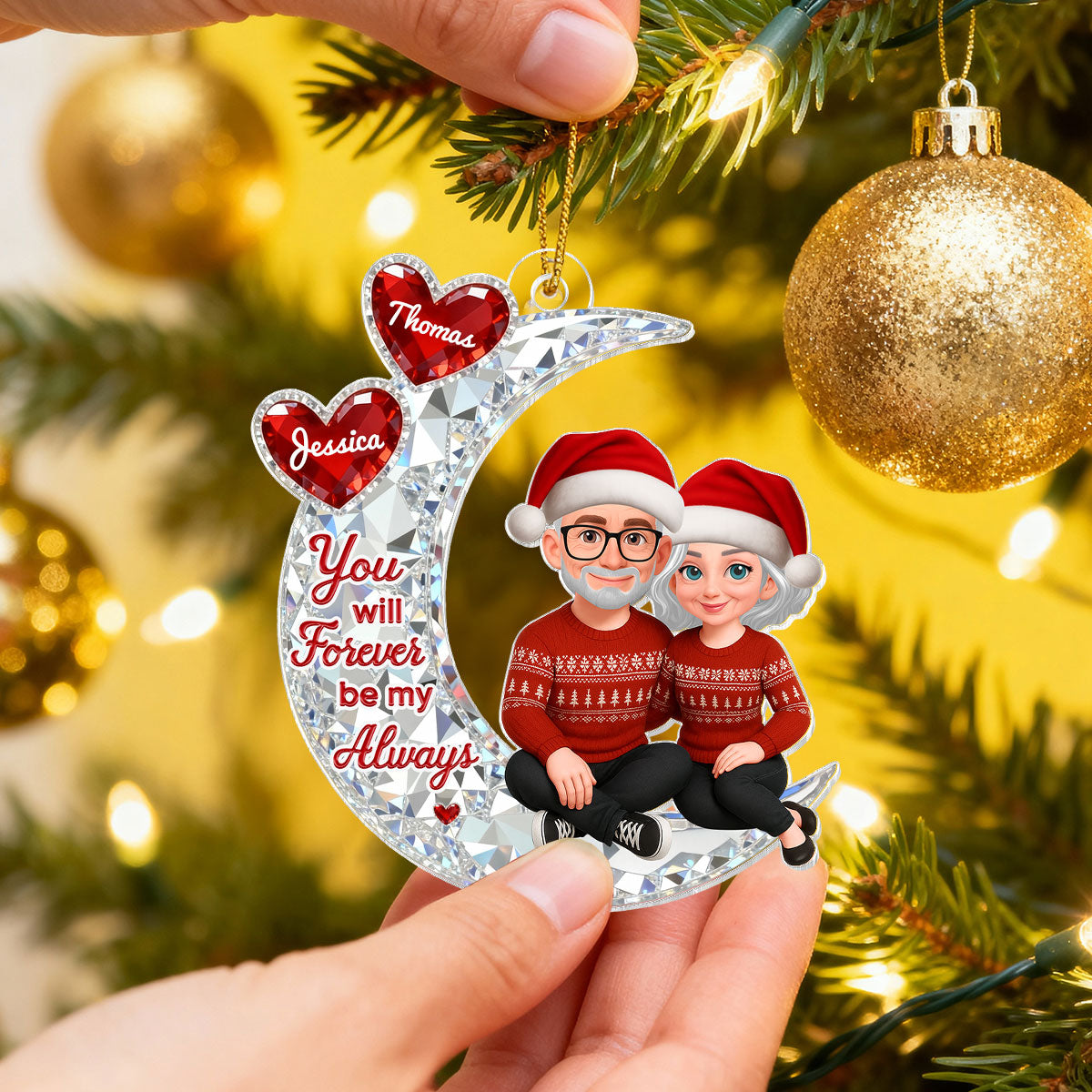 3D Effect Flat Couple Sitting On Moon - Personalized Acrylic Ornament - Heartfelt Gift For Couple, Gift For Him, For Her