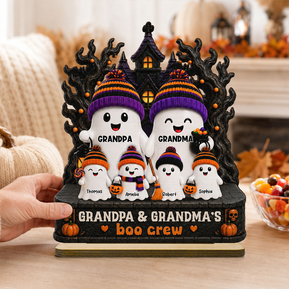 Mysterical Grandma Grandpa's Boo Crew Haunted House - Personalized 2-Layered Wooden Plaque - Halloween Decoration For Grandparents