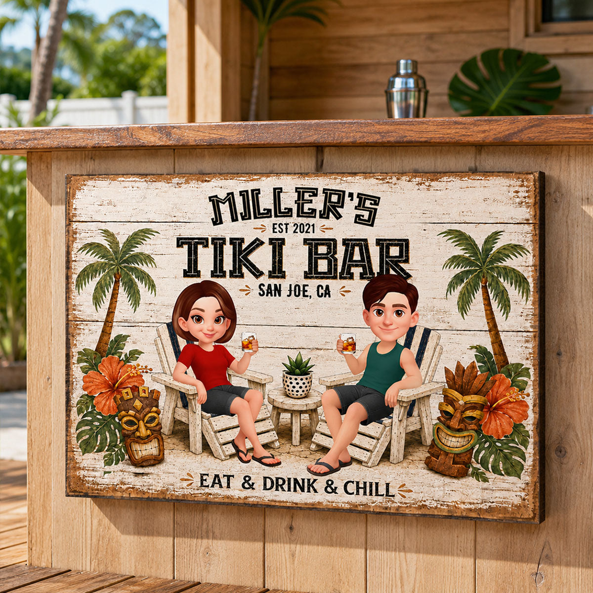 Custom Couple Tiki Bar - Personalized Wooden Sign - Outdoor Home Bar Decor, Eat Drink & Chill Sign, New Home Gift