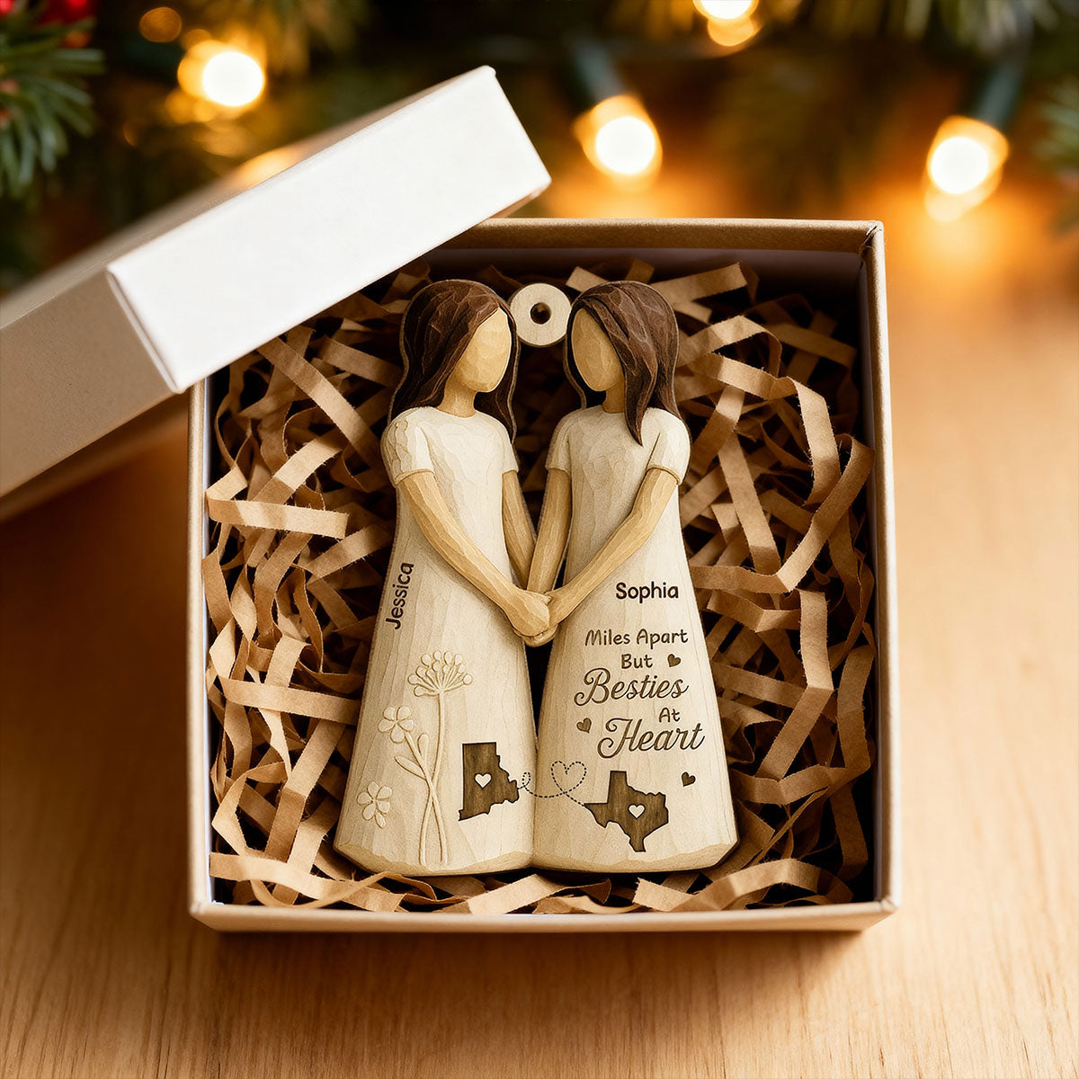 Miles Apart Besties At Heart 3D Effect - Personalized Wooden Ornament - Christmas Gift, Birthday Gift, Long Distance Friendship Gift for Best Friends