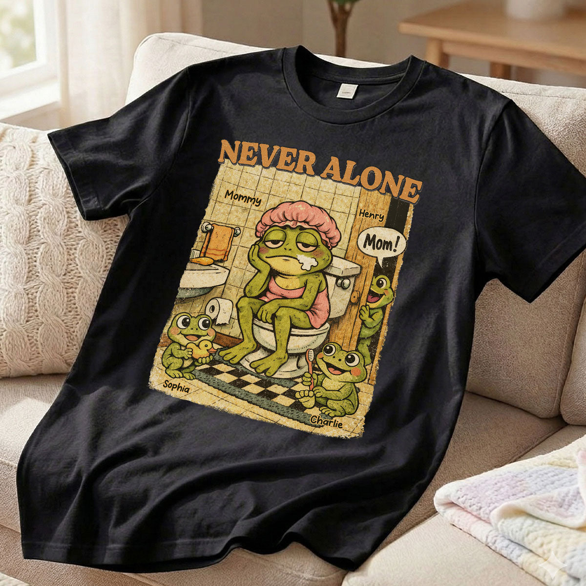 Retro Frog Mom Never Alone - Personalized Shirt - Funny Mother's Day Gift For Mom, Overstimulated, Humor, Snarky Motherhood